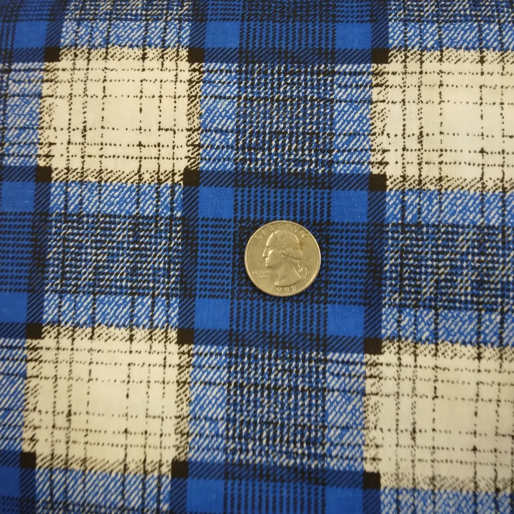FABRIC Printed Plaid On Cotton In Blue, White, Black.  Plain Weave Cotton